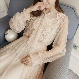 Crochet Trim Dotted Long Sleeve Midi Mesh Dress With Slipdress