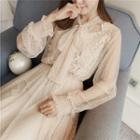 Crochet Trim Dotted Long Sleeve Midi Mesh Dress With Slipdress
