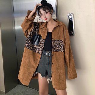 Leopard Print Panel Corduroy Shirt Jacket