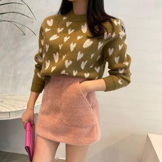 Long-sleeve Heart Print Sweater Green - One Size
