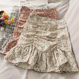 Ruffled-hem Ruched Floral Mini Skirt