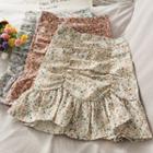 Ruffled-hem Ruched Floral Mini Skirt