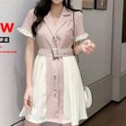 Short-sleeve Mini Color Block Pleated Dress