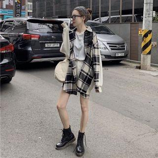 Plaid Panel Shirt Jacket Plaid - Black & White - One Size