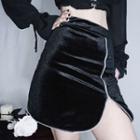Front-zip A-line Mini Velvet Skirt