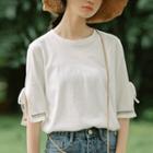 Elbow-sleeve Contrast Trim Top White - One Size