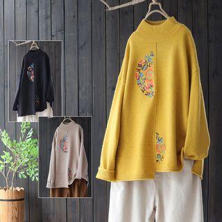 Mock Neck Embroidered Asymmetric Hem Sweater