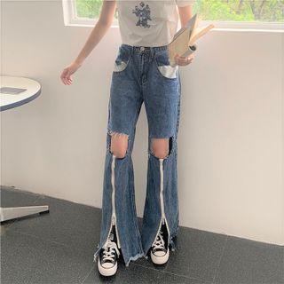 Distressed Zip-up Wide-leg Jeans