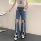 Distressed Zip-up Wide-leg Jeans