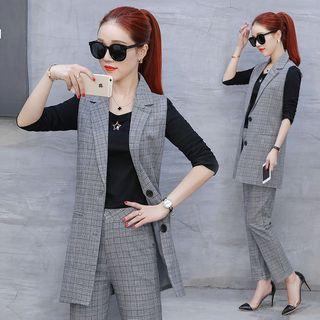 Set: Long-sleeve T-shirt + Plaid Long Vest + Pants