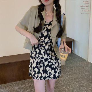 Spaghetti Strap Leopard Print A-line Dress / Short-sleeve Blazer