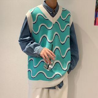 V-neck Wave Pattern Knit Vest