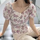 V-neck Floral Puff-sleeve Blouse