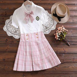 Set: Short-sleeve Logo Embroidered Shirt + Plaid Pleated Mini A-line Skirt