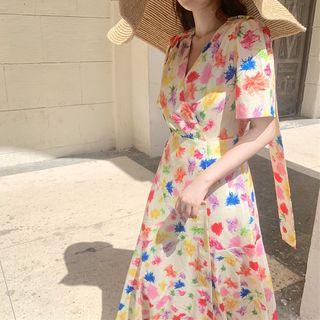 Printed V-neck Chiffon Dress Dress - One Size