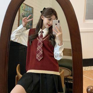 V-neck Knit Vest + Long-sleeve Shirt + Tie