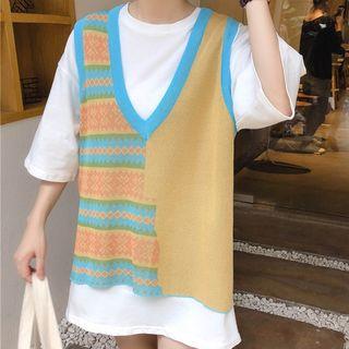 Color Panel Patterned Vest / Short Sleeve T-shirt