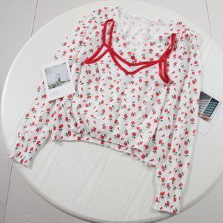 Set: Floral Print Camisole Top + Cardigan White - One Size
