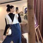 Plain Mock-neck Long-sleeve Top / Fleece Panel Denim Jumpsuit