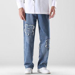 Distressed Floral Straight Leg Jeans