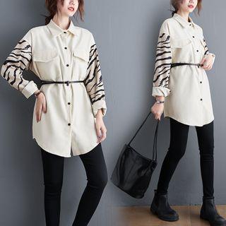 Long-sleeve Zebra Print Panel Shirt Milky White - One Size