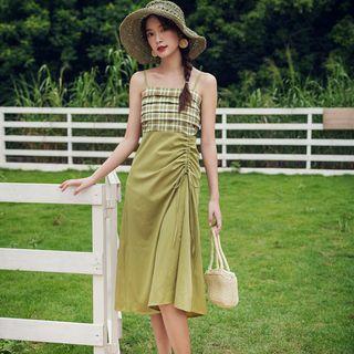 Plaid Panel Spaghetti-strap Dress