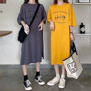 Elbow-sleeve Graphic Print Midi T-shirt Dress