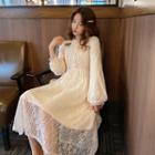 Ribbon Long-sleeve A-line Midi Lace Dress Off-white - One Size