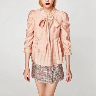 Bow Long-sleeved Loose-fit Tie-waist Top