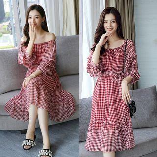 Off-shoulder Plaid Ruffle Midi Dress