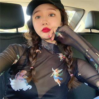 Angel Printed Long-sleeve Slim-fit Sheer Top
