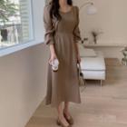 Puff-sleeve Plain Square-neck Dress