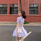 Short-sleeve Striped Ribbed Open-back T-shirt / A-line Skirt
