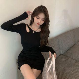 Long-sleeve Asymmetrical Neck Mini Shirred Dress