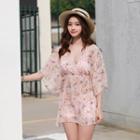 Set: Bikini + 3/4-sleeve Floral Print Cover Up