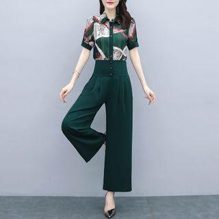 Set: Short-sleeve Graphic Print Shirt / Wide Leg Pants