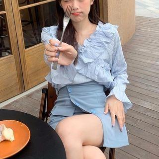 Bell-sleeve Ruffled Blouse / Mini A-line Skirt