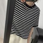 Striped Round-neck Short-sleeve Top Black - One Size