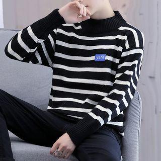 Mock Neck Stripe Lettering Sweater