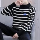 Mock Neck Stripe Lettering Sweater