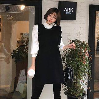 Set: Frilled Knit Pinafore Dress + Puff-sleeve Blouse