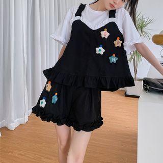 Elbow-sleeve Top / Ruffled Wide Leg Jumper Shorts