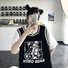 Short-sleeve Mock Two-piece Bear Print T-shirt Black - One Size