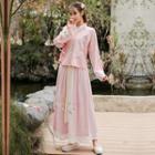 Floral Embroidered Tie-front Cheongsam Top / Midi A-line Mesh Skirt / Set