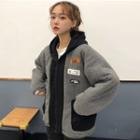 Mock Two-piece Hooded Applique Jacket Black & Gray - One Size