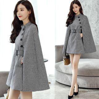 Cape-sleeve Houndstooth Buttoned Coat
