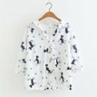 Cat Print Hooded 3/4-sleeve Blouse White - One Size