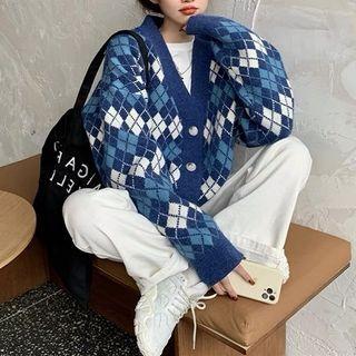 Argyle Loose-fit Buttoned Knit Cardigan