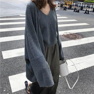 Set: Plain Loose-fit Cardigan + Sleeveless Knit Top / Plain Velvet Wide-leg Pants
