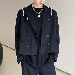 Double Breasted Contrast Trim Cropped Blazer